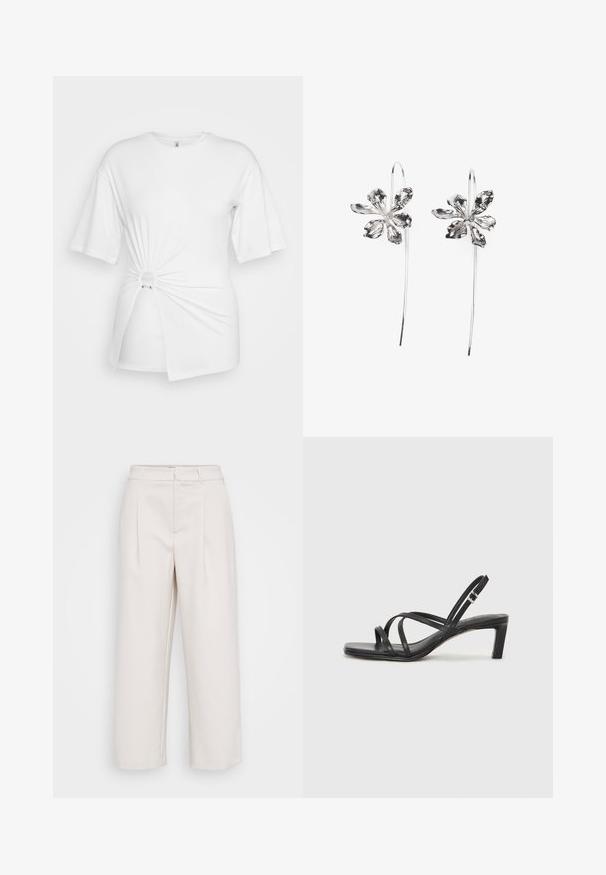 Tricou alb din bumbac moale, cu mâneci scurte, detaliu cu nod răsucit în față și un inel de accent la talie.; Pantaloni bej cu picioare largi, realizați dintr-un material neted, cu două pliuri frontale, o talie cu bucle pentru curea și un tiv drept.; Sandal cu barete negre, cu vârf pătrat și toc mic de bloc. Prezintă mai multe barete subțiri și o bareta ajustabilă la gleznă. Fabricat din piele netedă.; Cercei argintii în formă de floare cu un finisaj texturat, având cârlige lungi și detalii asemănătoare petalelor pentru un design complex.