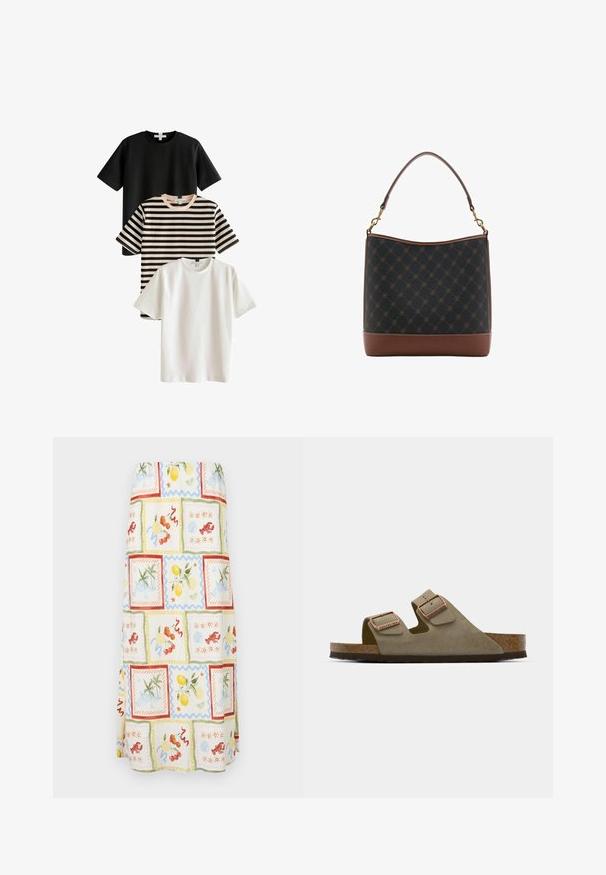 Tre T-shirts: en svart, en vit och en randig i svart och beige. Alla har korta ärmar och rundad hals, tillverkade av mjukt tyg.; Maxikjol med ett lätt tyg med ett livligt flerfärgat mönster, inklusive frukter och kustscener i pastellfärger och texturerade accenter.; Ljus taupe mockaklack med två justerbara remmar och rosaguldsmaterial. Korkfotbädd på en texturerad brun sula. Öppen tådesign.; Svart och brun mönstrad handväska med en strukturerad form, som har en slät läderbas och ett handtag upptill med guldfärgad hårdvara.