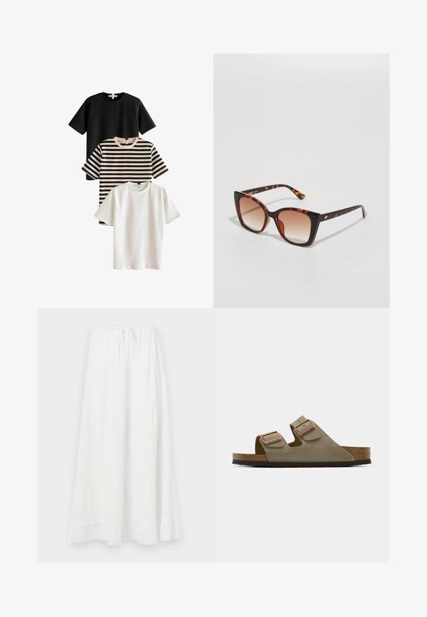 Kolm T-särki: üks must, üks valge ja üks must-beež triibuline. Kõikidel on lühikesed varrukad ja ümar kaelus, valminud siledast kangast.; Valge korratud maxi seelik elastse vöökoha ja nööriga, millel on tekstureeritud kangas ja pitsäär.; Heledad taupe suedsandaal, millel on kaks reguleeritavat rihma ja roosast kullast detailid. Korkpadi tekstureeritud pruunil tallal. Avatud varvaga disain.; Kilpkonnakuju prillid ülekaaluliste ruudukujuliste läätsedega, gradientpruun varjund ning sujuvad, läikivad käepidemed koos peente metallaktsentidega.