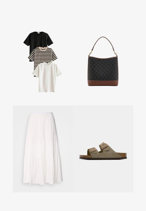 Tričko: jedno čierne, jedno biele a jedno pruhované v čiernej a béžovej farbe. Všetky majú krátke rukávy a okrúhle výstrihy, sú vyrobené z hladkej látky.; Biela, vrstvená midi sukňa s gongom v páse, vyrobená z mäkkého, ľahkého materiálu a s jemne pokrčenou textúrou.; Svetlo taupe semišové sandále s dvoma nastaviteľnými pásikmi a ružovým zlatom. Korková stielka na textúrovanej hnedej podrážke. Dizajn s otvorenou špičkou.; Čierna a hnedá kabelka s vzorom so štruktúrovaným tvarom, disponujúca hladkým koženým dnom a hornou rukoväťou so zlatými kovovými detailmi.