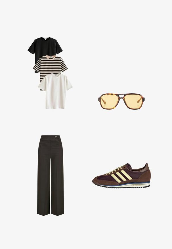 Drei T-Shirts: eines schwarz, eines weiß und eines gestreift in Schwarz und Beige. Alle haben kurze Ärmel und Rundhalsausschnitte und sind aus glattem Stoff gefertigt.; Weite Hosen aus dunkelbraunem Stoff, mit hohem Bund und zwei Knöpfen sowie Fronttaschen. Glatte Textur und maßgeschneiderter Schnitt.; Braune und burgunderfarbene Sneaker aus Wildleder und Mesh-Materialien, mit drei cremefarbenen Streifen, strukturiertem Stoff an der Zunge und einer Gummisohle.; Sonnenbrille aus Schildpatt mit geometrischem Design, gelben Gläsern und Metallakzenten an den Bügeln. Breiter Rahmen und matte Textur.