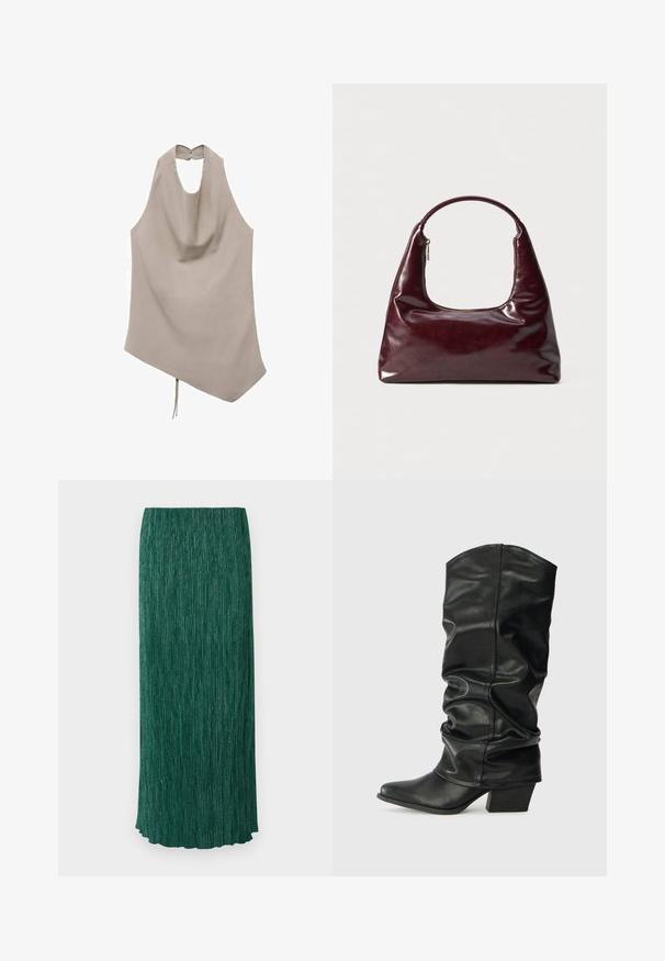 Top asimetric bej, realizat dintr-un material neted, cu gât halter, față drapată și închidere cu nasture la spate, având un detaliu cu fundiță la margine.; Fustă lungă verde cu o suprafață texturată, cu pliuri verticale și un luciu subtil. Are o siluetă dreaptă și un tiv ondulat.; Cizme lungi din piele neagră, cu un design căzut, vârf ascuțit și toc gros, având o textură netedă și cusături minime.; Geantă din piele burgundy cu o finisare lucioasă, mânere rotunde și deschidere cu fermoar; prezintă un design elegant și minimalist.; Cercei cerc cu mărgele roșii, având o suprafață texturată și un sistem de prindere din metal auriu. Formă circulară cu centru deschis și detalii cu mărgele rotunde.