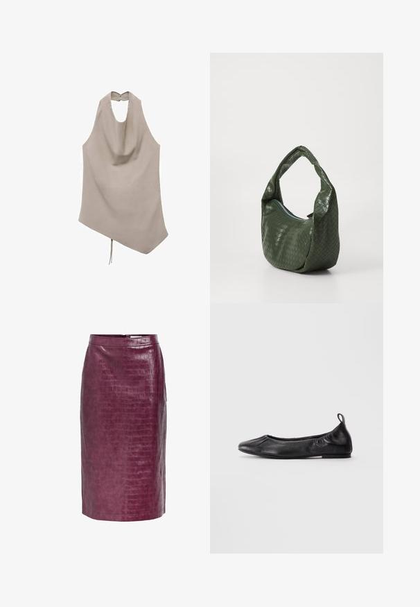 Haut asymétrique beige en tissu lisse, doté d'un col halter, d'un devant drapé et d'une fermeture à boutons au dos avec un détail noué à l'ourlet.; Jupe crayon en simili cuir bordeaux avec une texture crocodile, dotée d'une fermeture éclair à l'arrière et de fentes latérales pour faciliter les mouvements.; Ballerines en cuir noir avec bout rond, côtés élastiques froncés et une languette au talon, présentées sur un fond clair.; Sac en cuir tissé vert avec une poignée incurvée et une fermeture zippée. Présente une surface texturée avec un motif et une forme douce et décontractée.; Boucles d'oreilles en forme de créoles avec des perles rouges, dotées d'une surface texturée et d'un fermoir en métal doré. Forme circulaire avec un centre ouvert et des détails en perles arrondies.