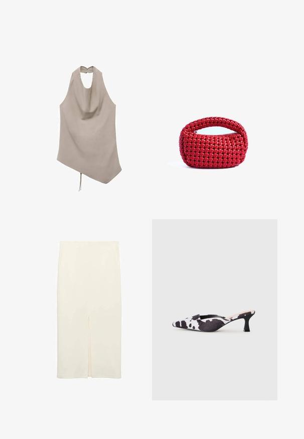 Asimetrična bež majica iz gladkega materiala, ima nalazišče za vrat, draperije spredaj in gumbasto zapiranje zadaj z detajlom vezi na robu.; Kremna midi krila s prilegajočim dizajnom, ki vključuje sprednji razporek za dodatno podrobnost, izdelana iz gladkega materiala z rahlo teksturo.; Špičaste slingback pete v črno-beli kravji vzorec. Zgornji del iz tkanine z teksturirano površino in tanek črn pet.; Rdeča tkana torbica z zaobljenim zgornjim ročajem in zadrgo, ki ima texturiran, prepleten vzorec na mehkem, fleksibilnem materialu.; Rdeči krožni uhani s perlicami z awkim površjem in zlato-naročnikom za zapiranje. Krog oblike z odprtim središčem in okroglimi podrobnostmi z biseri.