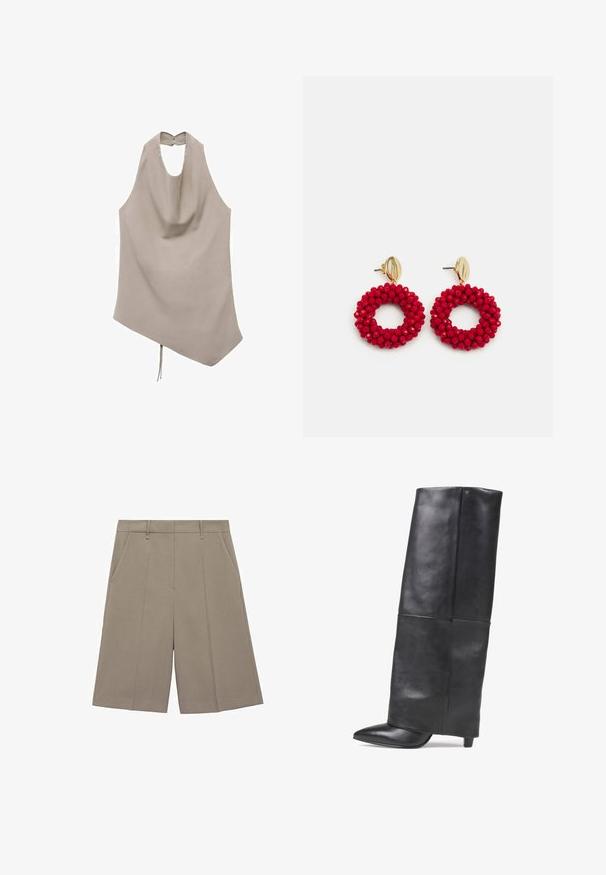 Asymmetrinen beige paita, joka on valmistettu sileästä kankaasta. Tässä on halterneck-malli, roikkuva etuosa ja takana nappikiinnitys, sekä nauhakiinnitys helmassa.; Beige pleated shorts with a straight cut, featuring belt loops and side pockets. Made from smooth, lightweight fabric.; Bronx JADEY - Saappaat - black; Punaiset helmiraehoop-korvakorut, joissa on teksturoitu pinta ja kultasävyinen kiinnitys. Pyöreä muoto, avoin keskus ja pyöristetty helmikoristelu.