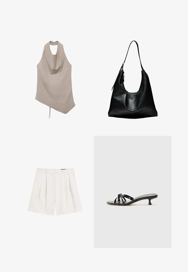 Haut asymétrique beige en tissu lisse, doté d'un col halter, d'un devant drapé et d'une fermeture à boutons au dos avec un détail noué à l'ourlet.; Shorts plissés beige clair en tissu texturé. Dotés d'une taille avec passants de ceinture et d'un zip pour la fermeture.; Sandales à glissière en cuir verni noir avec un design de plusieurs brides, un petit talon aiguille bas et une semelle lisse et plate. Présente un accent noué au centre.; Sac hobo en cuir noir avec une silhouette incurvée, une seule bandoulière et une ouverture supérieure zippée. Texture lisse avec des accents matériels minimalistes.