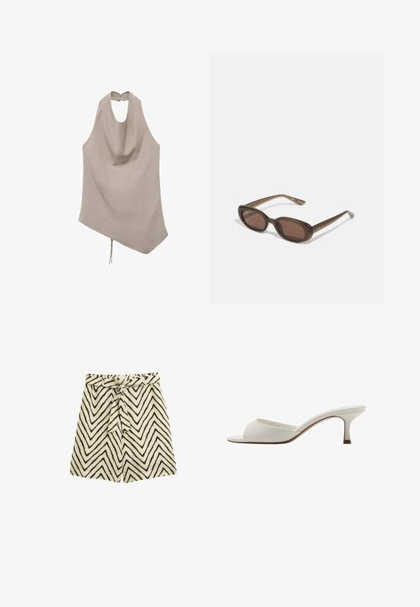 Asymmetrisk beige top lavet af glat stof, har en halterneck, draperet front og knaplukning bagpå med en bindedetalje i kanten.; Lettere shorts i en beige stof med sorte zigzag-mønstre. Har et bindebånd i taljen og en afslappet pasform.; Hvide åbne højhælede mules med en glat finish, minimalistisk design og en slank hæl, der har en subtil brun accent på sålen.; Brune ovale solbriller med mørke linser. Stellet er lavet af transparent brunt materiale og har et logo trykt på stængerne.; Grøn lædertaske med en glat tekstur, buet form og flettet håndtag. Har lynlås lukning og justerbar rem.; NA-KD 2-PACK - Armbånd - gold-coloured