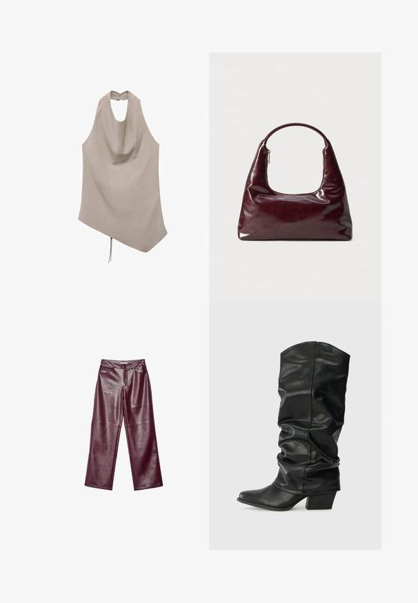 Asymmetrisk beige top lavet af glat stof, har en halterneck, draperet front og knaplukning bagpå med en bindedetalje i kanten.; Burgunderfarvede læderbukser med brede ben og en glat tekstur, der har lynlås, forlommer og en skræddersyet pasform.; Sorte læderknæhøje støvler med et skrånet design, spids tå og chunky hæl, der har en glat overflade og minimal syning.; Bordeaux læder taske med en glat overflade, rund håndtag og en lynlåsåbning; har et slankt, minimalistisk design.
