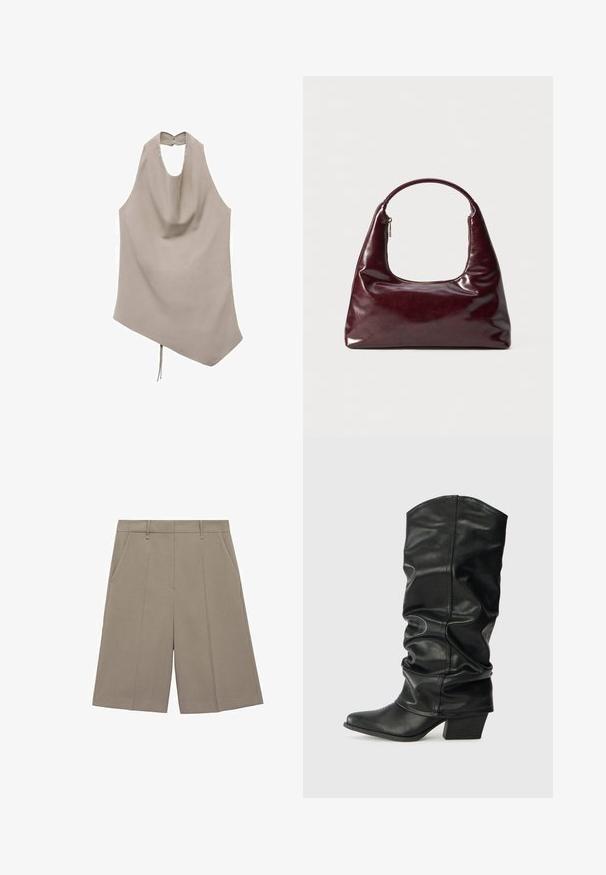 Asymetrický béžový top vyrobený z hladké tkaniny, s halter krkem, splývavou přední částí a zadním zapínáním na knoflík s mašlí na lemu.; Béžové skládací šortky se rovně střiženým střihem, s poutky na opasek a bočními kapsami. Vyrobeny z hladké, lehké látky.; Černé kožené vysoké boty po kolena se sklopeným designem, špičatou špičkou a masivním podpatkem, s hladkým povrchem a minimálním šitím.; Burgundská kožená kabelka s lesklým povrchem, zaoblenou rukojetí a zipovým víkem; má elegantní, minimalistický design.; Červené kroužkové náušnice pokryté korálky s texturovaným povrchem a pozlaceným uzávěrem. Kulatý tvar s otevřeným středem a zaoblenými detaily korálků.