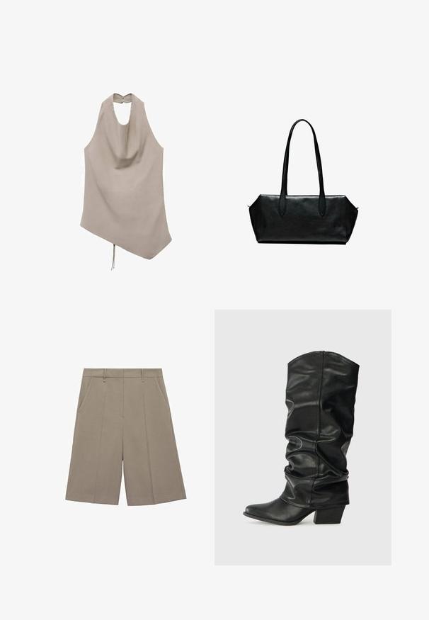 Asymetryczny beżowy top wykonany z gładkiego materiału, z dekoltem na szyję, drapowanym przodem i zapięciem na guziki z tyłu, ozdobiony wiązaniem na dole.; Beżowe spodenki z plisami o prostym kroju, z paskiem i kieszeniami bocznymi. Wykonane z gładkiego, lekkiego materiału.; Czarne skórzane wysokie botki z luźnym krojem, szpiczastym noskiem i grubym obcasem, charakteryzujące się gładką fakturą i minimalnym przeszyciem.; Czarna skórzana torebka na długich uchwytach, prostokątna, o gładkiej fakturze i skośnych bokach, z minimalistycznym wzornictwem i bez widocznych elementów metalowych.