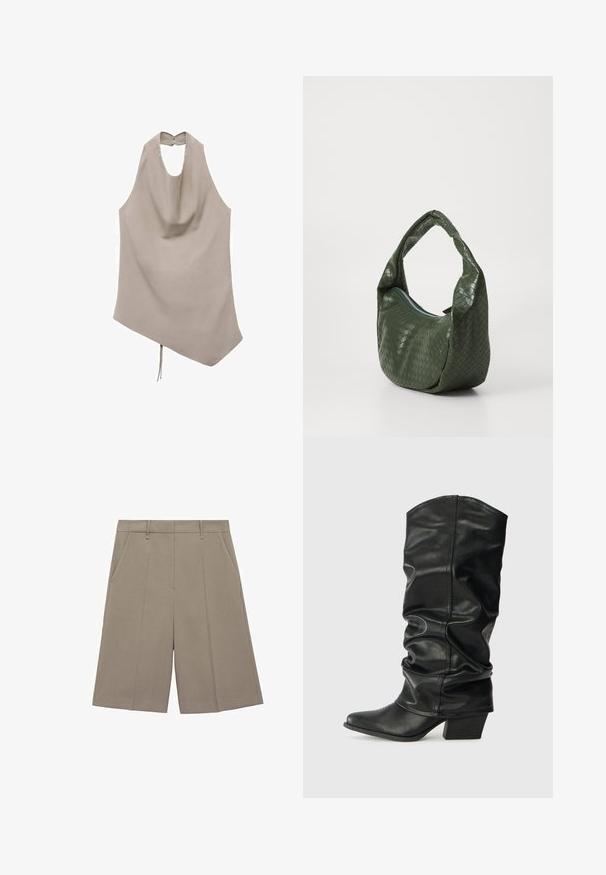 Asimetrična bež majica napravljena od glatkog materijala, s halter izrezom, drapiranim prednjim dijelom i zatvaranjem na dugme na leđima s mašnom na rubu.; Bež kratke hlače s nabranim detaljima i ravnim krojem, s ušicama za remen i bočnim džepovima. Izrađene su od glatkog, laganog materijala.; Crne kožne čizme do koljena s opuštenim dizajnom, šiljastim vrhom i debelim potplatom, s glatkom teksturom i minimalnim šavovima.; Zelena pletena kožna torba s zakrivljenom drškom i zatvaranjem na patentni zatvarač. Ima teksturiranu, uzorkovanu površinu i mekan, savijen oblik.