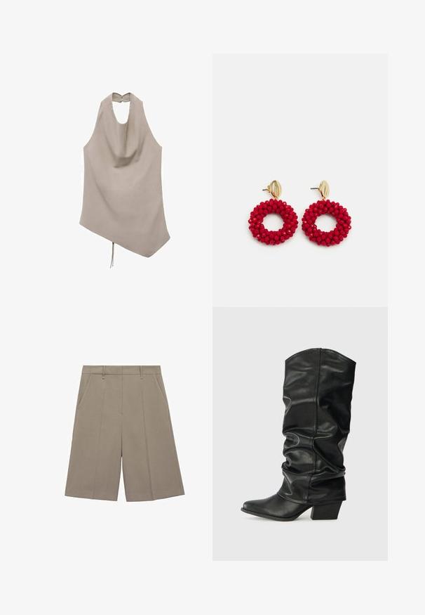Asymmetrical beige top made of smooth fabric, features a halter neck, draped front, and back button closure with a tie detail at the hem.; Beige pleated shorts with a straight cut, featuring belt loops and side pockets. Made from smooth, lightweight fabric.; Black leather knee-high boots with a slouched design, pointed toe, and a chunky heel, featuring smooth texture and minimal stitching.; Red beaded hoop earrings with a textured surface and a gold-tone post fastening. Circular shape with open center and rounded bead detailing.
