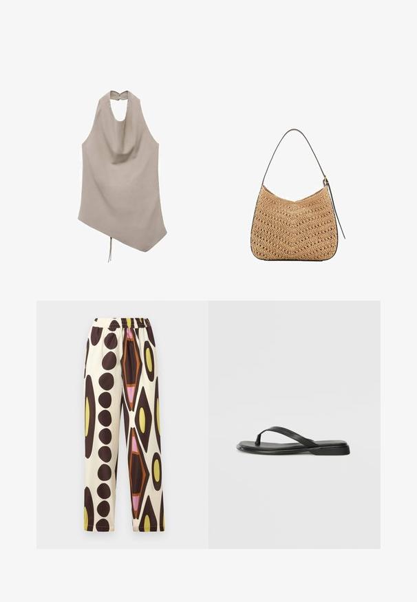 Asimetrična bež majica iz gladkega materiala, ima nalazišče za vrat, draperije spredaj in gumbasto zapiranje zadaj z detajlom vezi na robu.; Hlače z elastičnim pasom iz lahkega materiala, z kremasto ozadjem in velikimi rjavimi, rumenimi, roza in oranžnimi geometrijskimi vzorci.; Črne japanke iz gladke usnjene materiale, z tankim trakastim dizajnom in ravnim podplatom minimalnega profila. Brez opaznih vzorcev ali dodatkov.; Tkanina iz slame za ramensko torbico s ukrivljeno obliko, ki ima temno usnjeno naramnico in teksturo s chevron vzorcem.; Zlato tonirane uši so oblikovane z nepravilnimi teksturiranimi oblikami, okrašene z zelenimi dragulji in belimi biseri, pritrjene s sponkami.