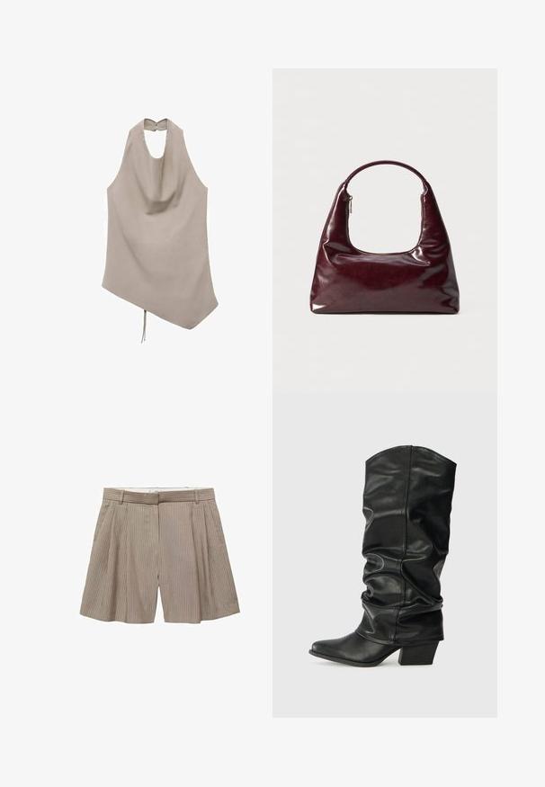 Asymetrický béžový top vyrobený z hladké tkaniny, s halter krkem, splývavou přední částí a zadním zapínáním na knoflík s mašlí na lemu.; Krémpové skládací šortky vyrobené z látky s vertikálními pruhy. Mají pas s poutky na opasek a rovný střih.; Černé kožené vysoké boty po kolena se sklopeným designem, špičatou špičkou a masivním podpatkem, s hladkým povrchem a minimálním šitím.; Burgundská kožená kabelka s lesklým povrchem, zaoblenou rukojetí a zipovým víkem; má elegantní, minimalistický design.; Červené kroužkové náušnice pokryté korálky s texturovaným povrchem a pozlaceným uzávěrem. Kulatý tvar s otevřeným středem a zaoblenými detaily korálků.
