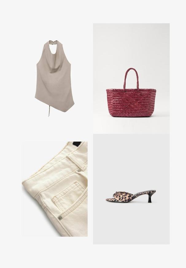 Asymmetrinen beige paita, joka on valmistettu sileästä kankaasta. Tässä on halterneck-malli, roikkuva etuosa ja takana nappikiinnitys, sekä nauhakiinnitys helmassa.; Kreemivärvi denimpüksid tekstuurse pinnaga, millel on väike esikott ja kontrastsete õmblemiste detailid. Ideaalne igapäevaseks kandmiseks.; Lepardikuvioiset mulesit, joissa on matala musta stiletto-korko. Pehmeä kangaspinta, jossa on solmukiinnitys edessä ja sileä, tasainen pohja.; Punainen kudottu laukku, jossa on kaksi vankkaa kantohihnaa. Laukussa on herringbone-kuviointi ja avonainen muotoilu. Valmistettu luonnonmateriaaleista.; Hopeja korvakorut kierrettyä rengasmuotoa, joissa on tekstuuri pinta ja uritettu yksityiskohta, kiinnitettynä nastakiinnityksellä.