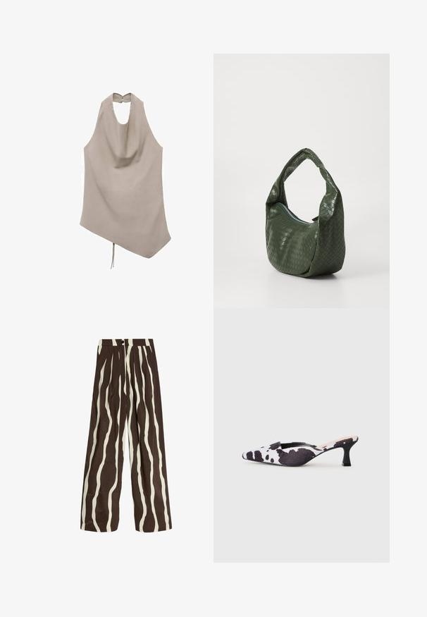 Top asimétrico de color beige hecho de una tela suave, cuenta con un cuello halter, un frente drapeado y un cierre de botones en la parte posterior con un detalle de lazo en el dobladillo.; Pantalones de pierna ancha de talle alto con rayas verticales onduladas en blanco y marrón oscuro, con botón frontal, cremallera y bolsillos laterales.; Tacones slingback de punta afilada en diseño de estampado de vaca en blanco y negro. Parte superior de tela con un acabado texturizado y un tacón negro delgado.; Bolso de cuero trenzado verde con un asa curvada y cierre de cremallera. Presenta una superficie texturizada y con patrón, además de una forma suave y flexible.; Pendientes de aro rojos con cuentas, con una superficie texturada y un cierre de poste en tono dorado. Forma circular con centro abierto y detalles de cuentas redondeadas.