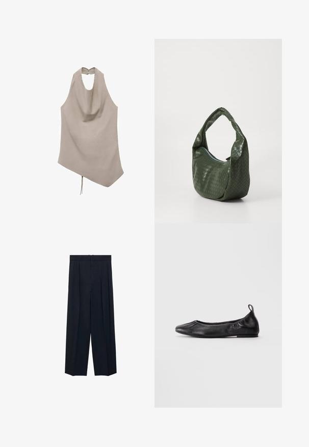 Asymmetrical beige top made of smooth fabric, features a halter neck, draped front, and back button closure with a tie detail at the hem.; Navy wide-leg trousers with front pleats, flat waistband, and no visible hardware. Made from a smooth fabric with a subtle texture.; Black leather ballet flat with rounded toe, gathered elastic sides, and a pull tab at the heel, displayed on a light background.; Green woven leather bag with a curved handle and zip closure. Features a textured, patterned surface and a soft, slouchy shape.