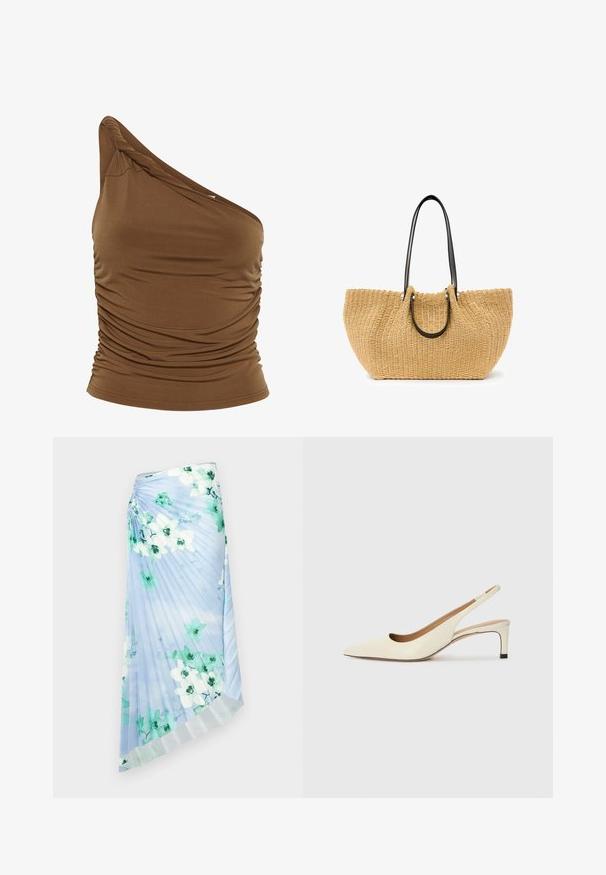 Brun en-skulder topp i mykt, elastisk materiale med samlet side-detalle. Fitted silhuett og jevn tekstur.; Plisseret skjørt i lys blått stoff med blomstermotiv som har grønne og hvite blomster; subtil glans og kontrastfarget teksturert kant.; Sko med spiss tå og slingback i off-white skinn, med lav hæl og utskårent design, med en glatt tekstur og minimale detaljer.; Vevd halm tote bag i beige, med svarte lærhåndtak og sølvfargete detaljer. Romslig, buet form med teksturert overflate.
