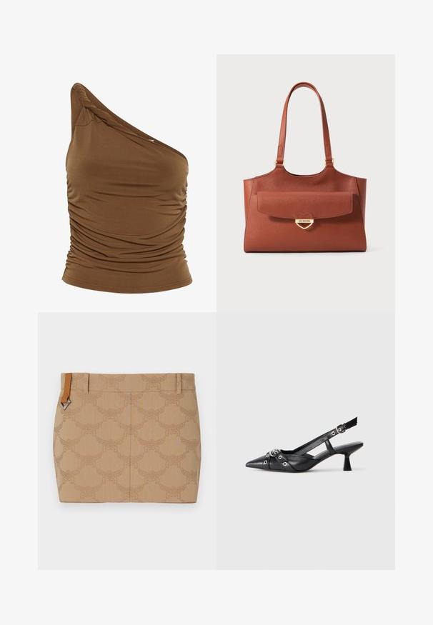 Brūns vienas pleca topiņš, izgatavots no mīksta, elastīga materiāla ar saplacinātu sānu detaļu. Pieguļošs siluets un gluda tekstūra.; Bežs svārki ar smalku reljefu rakstu, kas attēlo stilizētas spārnus. Jostasvietā ir brūna ādas detaļa ar sudraba aksesuāriem.; Melnas ādas šlipsveida kurpes ar norādītu purngalu, dekoratīvām joslām ar metāla acīm un zemu bloku papēdi. Teksturēta virsma.; Brūna ādas somiņa ar garām rokturiem, priekšējā kabata ar atloku un zelta sirds formas sprādze, uz kuras ir iegravēts "Love Moschino."