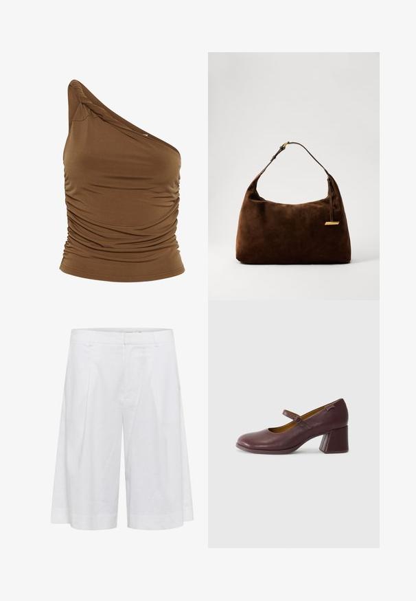 Rudas vieno peties palaidinė iš minkštos, tamprios medžiagos su susiraukšlėjimu šone. Prigludusi siluetas ir lygi tekstūra.; Baltos lininės šortai su laisvu siluetu, turintys plačius kojų kirpimus, priekinius raukinius ir lygų tekstūrą, užtikrinančią kvėpavimą.; Camper KORA - Klasikiniai aukštakulniai - brown; Ruda zomšos pečių rankinė su išlenkta forma, su auksiniu akcentu ir vienu reguliuojamu diržu. Lygi tekstūra su minimaliais detaliais.