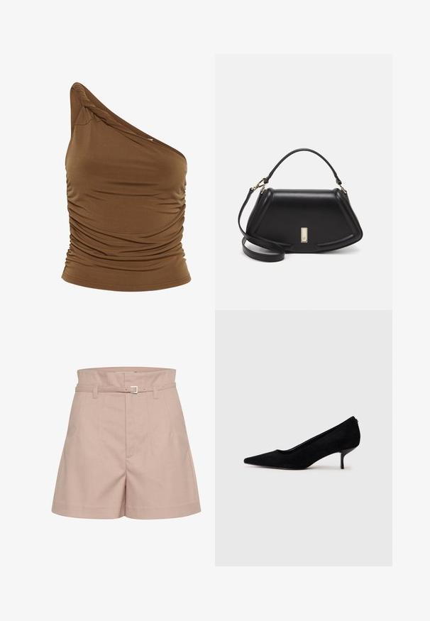 Brun en-skulder topp i mykt, elastisk materiale med samlet side-detalle. Fitted silhuett og jevn tekstur.; Lys rosa tilpassede shorts laget av et teksturert stoff, med en bred midjebånd, beltehemper og en sølvspenne detalj.; Sorte semskede høyhælte sko med spiss tå og slank, lav hæl. Glatt tekstur med et elegant design, uten synlig maskinvare.; Sort lærveske med en strukturert design, som har en avkortet form, topphåndtak og detaljer i gull. Justerbar skulderstropp inkludert.