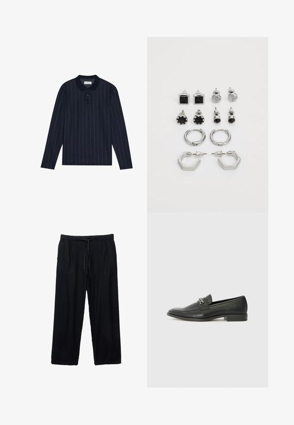 Sötétkék, hosszú ujjú pólóing, álló gallérral, vékony függőleges csíkokkal és három gombos záródással. Puha textúrájú anyag.; Fekete, könnyű, bő szárú nadrág, elasztikus derékpánttal és zsinórral. Két oldalsó zsebből áll, és sima tapintású.; Fekete bőr loaferek sima felülettel, varrott mintával és díszítő fém lánccal a cipő elején. Lapos sarok.; Ezüst színű fülbevaló készlet, amely két pár karika fülbevalót és hat pár bedugós fülbevalót tartalmaz különböző formákban és textúrákban, fekete kiegészítőkkel.