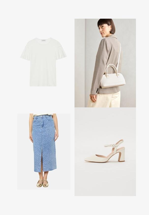 Baltās T-krekls ar īsām, ruļļotām piedurknēm. Izgatavots no mīkstas, gludas auduma. Iespējams, apaļa kakla forma un smalki šuvuma akcenti.; Gaiši zila džinsu maxi svārku ar leoparda rakstu, ar priekšējo izgriezumu un jostas cilpām. Pabeigta ar klasisku pogu un rāvējslēdzēju.; Punktēta purngala krēmkrāsas kurpe ar blokveida papēdi. Iezīmē plānu potītes siksniņu ar apaļu sprādzi un gludu ādas faktūru.; Balta strukturēta roku soma ar īsām rokturiem un plecu siksnu, ar zelta aparatūras akcentiem un strukturētu materiālu, izstādīta uz pelēka fona.