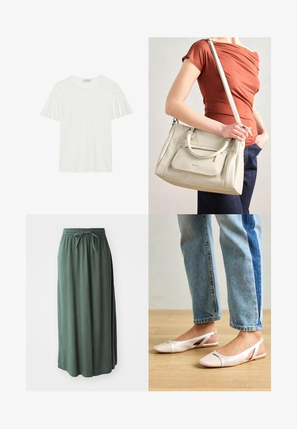 Bela majica s kratkimi, nabrano zasnovanimi rokavi. Narejena iz mehkega, gladkega blaga. Ima okrogel izrez in subtilne šive.; Zelena, srednje dolga krila iz mehkega blaga z elastičnim pasom in nastavljivim vrvico; gladka tekstura in preprost dizajn.; Svijetloružičaste slingback balerinke s šiljastim nožnim prstima, napravljene od glatkog materijala nalik koži. Imaju izrezane detalje sa strane i ravne pete.; Bela usnjena torba z dvema ročkama in odstranljivo naramnico, ki ima sprednji žep na zadrgo in gladko teksturo. Nositi jo na osebi na roki.