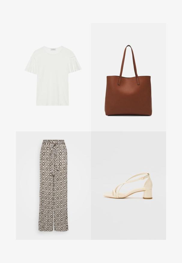 Bijela majica s kratkim, nabranim rukavima. Napravljen od mekog, glatkog materijala. Ima okrugli izrez i suptilne šavove.; Hlače širokih nogavica napravljene od lagane tkanine, s smešnim osnovnim tonom i bijelim dijamantnim uzorcima, te vezanjem u struku za prilagodljivo pristajanje.; Bež sandale na visoku petu s blok petom, remenčićem i podesivom naramenicom, izrađene od glatkog sintetičkog materijala s mat završnom obradom.; Smeđa kožna torba preko ramena s glatkom teksturom, otvorenim vrhom i dvjema naramenicama. Ima minimalne šavove i nema vidljivog hardvera.