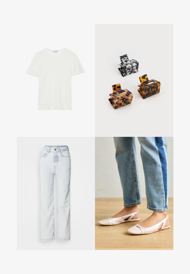 T-shirt blanc avec des manches courtes et volantées. Fabriqué en tissu doux et lisse. Présente un col rond et des détails de couture subtils.; Jeans taille haute bleu clair avec une coupe droite, en denim. Comprend une fermeture à bouton, un design à cinq poches et une texture légèrement délavée.; Ballerines slingback rose pâle avec un bout pointu, fabriquées en un matériau semblable au cuir lisse. Présentent des découpes sur les côtés et un talon plat.; Trois pinces à cheveux : une marbrée noir et blanc, deux en écaille de tortue dans des nuances de marron et de noir, toutes en plastique brillant avec une finition texturée.