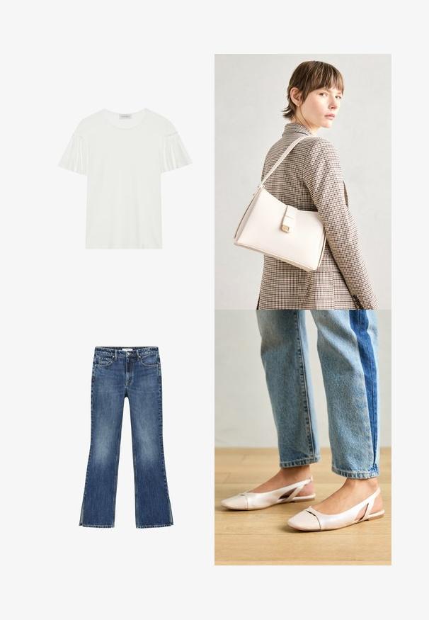 Bela majica s kratkimi, nabrano zasnovanimi rokavi. Narejena iz mehkega, gladkega blaga. Ima okrogel izrez in subtilne šive.; Modre kavbojke s širokimi hlačnicami in srednjim pranjem, ki imajo prilegajoč pas, dva sprednja žepa in razporke na gležnih.; Svijetloružičaste slingback balerinke s šiljastim nožnim prstima, napravljene od glatkog materijala nalik koži. Imaju izrezane detalje sa strane i ravne pete.; Bela usnjena torba s strukturirano zasnovo, opremljena z magnetnim zapiranjem in naramnico, prikazana na nevtralni ozadju.