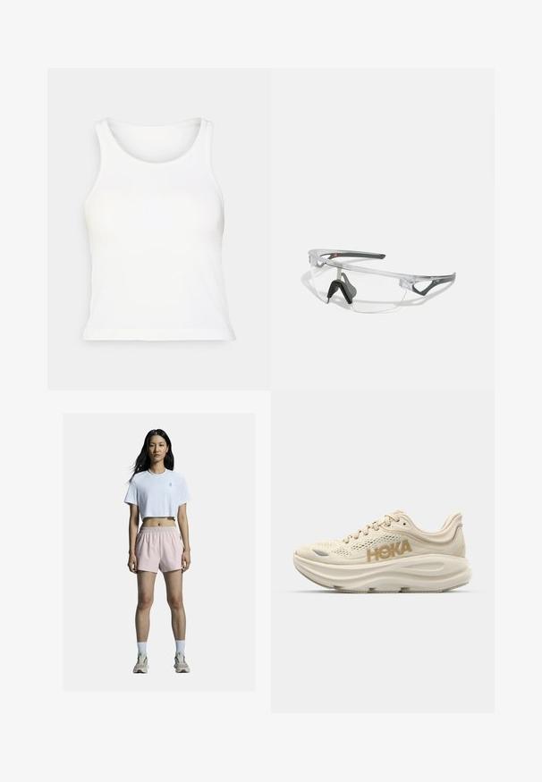 Bela rebrasta majica brez rokavov s zaobljenim izrezom. Mehka tekstura, oprijet kroj in ravni rob. Brez vzorcev ali dodatkov.; Bela skrajšana majica s logotipom, v kombinaciji s svetlo roza športnimi kratkimi hlačami z elastiko v pasu. Bela nogavica in nevtralni športni čevlji dopolnjujejo outfits.; Svetlo bež tekaški čevelj z mrežastim zgornjim delom, oblazinjeno ovratnikom, istrig prihajajoče "HOKA" v zlati barvi ter debelim, oblazinjeno podplatom za udobje.; Prozorni zaščitni očala z lahkim, prozornim okvirjem in sivo obrobo. Imajo zasnovo, ki se ovija okoli oči, ter nastavljiv nosni del.
