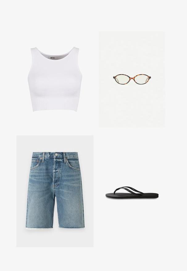Bílý pruhovaný cropped top s kulatým výstřihem a širokými ramínky. Má pružnou texturu, navrženou pro pohodlí a volnost pohybu.; Světlé modré džíny šortky s roztrhaným lemem, designem s pěti kapsami, předním zapínáním na knoflík a viditelnými švy.; Černé žabky s texturovanou gumovou podrážkou, dvěma štíhlými popruhy a jemným, embosovaným logem na popruhu.; Želvovinové brýle s oválnými čočkami a hladkým, jemným povrchem. Má tenké bočnice s jemným zakřivením v chrámcích. Čiré čočky.