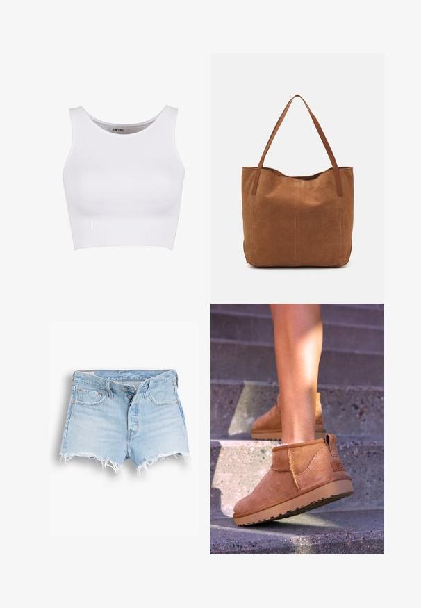 Bela rebrasta kratka majica z okroglo izrezom in širokimi naramnicami. Ima raztegljivo teksturo, zasnovano za udobje in svobodo gibanja.; Svijetloplave traper šorts hlače s visokim strukom, izrezanim rubom, dizajnom s pet džepova i kontrastnim šavovima. Dva dugmeta na zatvaranju sprijeda.; Svetlosive nobuck gležnjarji z mehko teksturo, všitimi detajli in gumijastim podplatom, z zanko na peti za enostavno obuvanje.; Rjava nubuk torba z dvema dolgima ročajema, ki ima gladko teksturo, preprost dizajn in brez vidnih kovinskih delov ali okrasov.