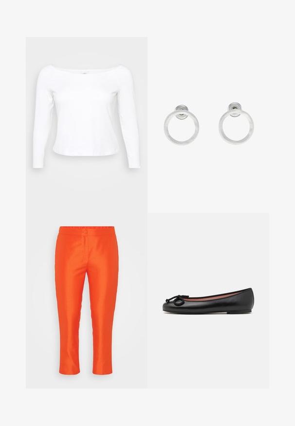 Balta ilgomis rankovėmis marškiniai su plačiu iškirpimu, pagaminti iš minkštos, glotnios medžiagos. Turi prigludusią formą ir trumpą apatinę dalį.; Ryškiai oranžinės, lieknos kelnių formos kelnės su elastine juosta, vienu sagutė užsegimu ir lygiu paviršiumi. Kišenių nematyti.; Juodo odinio baleto batelio su apvalia nosimi, dekoratyvine juostele ir lygiu paviršiumi. Minimalistinis dizainas su žemu, plokščiu padu.; Sidabriniai metaliniai auskarai žiedų pavidalu su šveitimo tekstūra, turintys apvalų dizainą ir skaidrų laikiklį saugiam dėvėjimui.