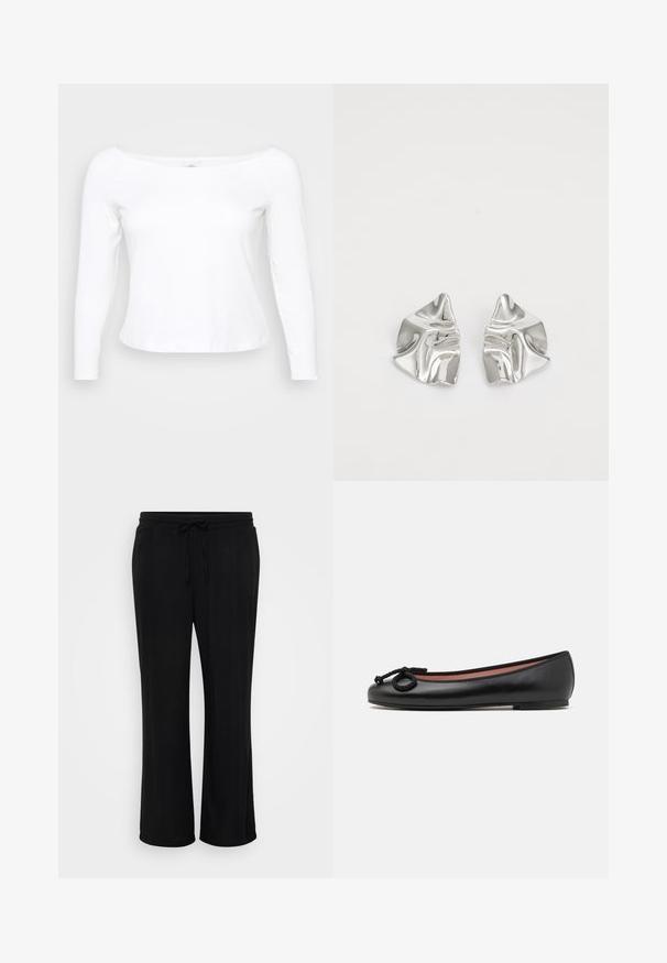 Camicia bianca a maniche lunghe con scollatura ampia, realizzata in materiale morbido e liscio. Presenta un design aderente e un orlo corto.; Pantaloni neri a taglio morbido realizzati in tessuto morbido, con vita elastica e coulisse, e gambe larghe. Senza motivi visibili.; Ballerina nera in pelle con punta rotonda, dotata di un fiocco decorativo e una finitura liscia. Design minimalista con suola piatta e bassa.; Orecchini in metallo argento con un design ondulato e scultoreo, caratterizzati da una finitura lucida e forme irregolari, che evidenziano un'estetica contemporanea.