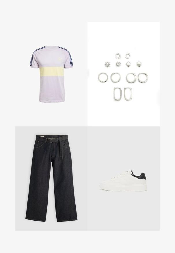 Ljuslila bomullströja med ett gult horisontellt rand, marinblå tre-randig design på axlarna och liten adidas-logotyp i gult.; Mörka denimbyxor med vida ben och bälte i midjan, med framfickor och kontrasterande sömmar. Slät textur med en ren design.; Vit lädersneaker med präglat mönster, texturerad vit mellansula och svart hälaccent. Har rundad tå och platta snören.; Set med silverörhängen i olika former: ringar, hexagoner, diamanter och solmotiv, vissa med klara kristaller, slät yta.