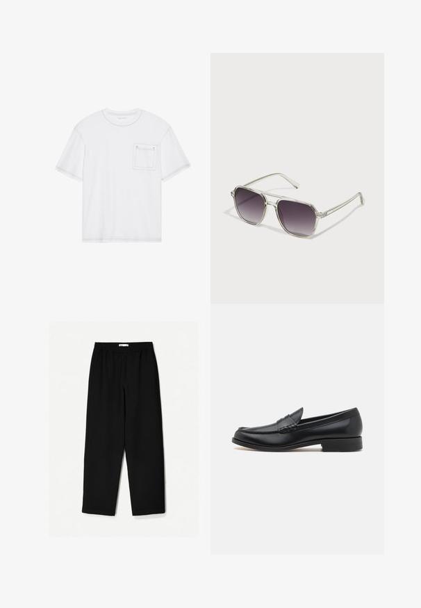 White cotton t-shirt with short sleeves, crew neck, and a chest pocket. Features contrasting stitching along the edges.; Black, wide-leg pants made from a lightweight fabric. Features an elastic waistband and a smooth texture. No visible patterns or hardware.; Black leather loafer with a stitched moccasin front, smooth finish, rounded toe, low heel, and subtle decorative accents.; Clear-framed sunglasses with a square shape and gradient gray lenses. Slim silver accents on the temples add detail.