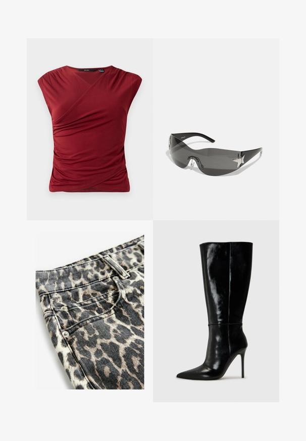 Czerwona bluzka z krótkim rękawem o fasonie kopertowym, z marszczonym wykończeniem po boku i gładkim, miękkim materiałem.; Jeans w wzór zwierzęcy w beżowo-czarnym kolorze, wykonane z denimu o teksturowym wykończeniu, z detalami w postaci srebrnych elementów i szwów.; Czarne skórzane wysokie buty za kolano z ostro zakończonym noskiem i wysokim obcasem w kształcie szpilki. Gładka tekstura i smukły design, z minimalnymi detalami.; Czarne okulary przeciwsłoneczne o owocowym kształcie, ciemne soczewki, błyszczące akcenty w kształcie gwiazdy i regulowane noski.; Even&Odd - Torba na zakupy