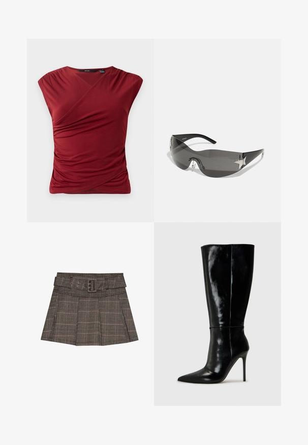 Červený top s krátkým rukávem a zavinovacím designem, s nabíranou texturou na boku a hladkým, jemným povrchem látky.; Károvaná minisukně v černé, hnědé a béžové barvě. Má pás s opaskem, sklady a texturovanou tkaninu s geometrickým vzorem.; Černé kožené vysoké boty po kolena s špičatou špičkou a vysokým jehlovým podpatkem. Hladká textura a elegantní design, s minimálními detaily.; Černé sluneční brýle s okrajem kolem celého obličeje, tmavými skleněmi, lesklými hvězdicovými akcenty a nastavovacími nosními polštářky.