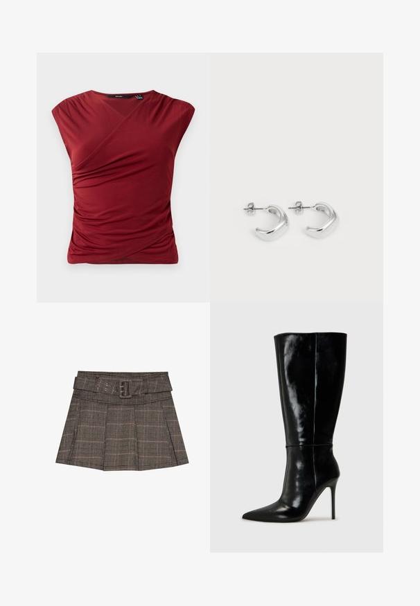 Haut rouge à manches courtes avec un design croisé, présentant une texture froncée sur le côté et une finition en tissu lisse et doux.; Jupe mini à carreaux en noir, brun et beige. Comprend une taille ceinturée, des plis et un tissu texturé avec un motif géométrique.; Bottes noires en cuir, hautes jusqu'au genou, avec un bout pointu et un talon aiguille haut. Texture lisse et design épuré, avec un minimum de détails.; Boucles d'oreilles en argent en forme de hoops avec une finition lisse et polie. Forme ronde avec un design légèrement courbé et des bords fondus. Fermeture à pin.