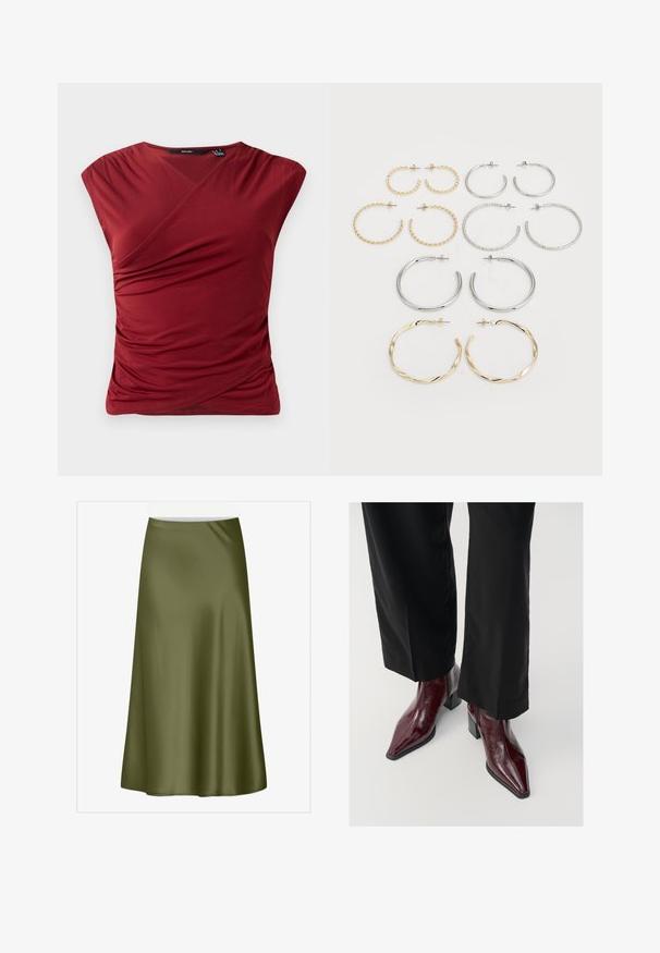 Piros, rövidujjú felső, átkötős kialakítással, oldalán ráncos textúrával és sima, puha anyagú felülettel.; Olajzöld, térdlengthű selyemszoknya sima textúrával és lágy terjedéssel. Derékpánttal rendelkezik, és nincsenek látható zárások vagy minták.; Burgundy lakkbőr bokacsizma hegyes orral, vastag sarokkal és texturált felülettel, fekete, széles szárú nadrággal párosítva.; Tizenkét darabból álló fülgyűrű készlet ezüst és arany árnyalatokban. Csavarodott, sima és texturált mintázatokat ölel fel, különböző méretekben és felületekkel.