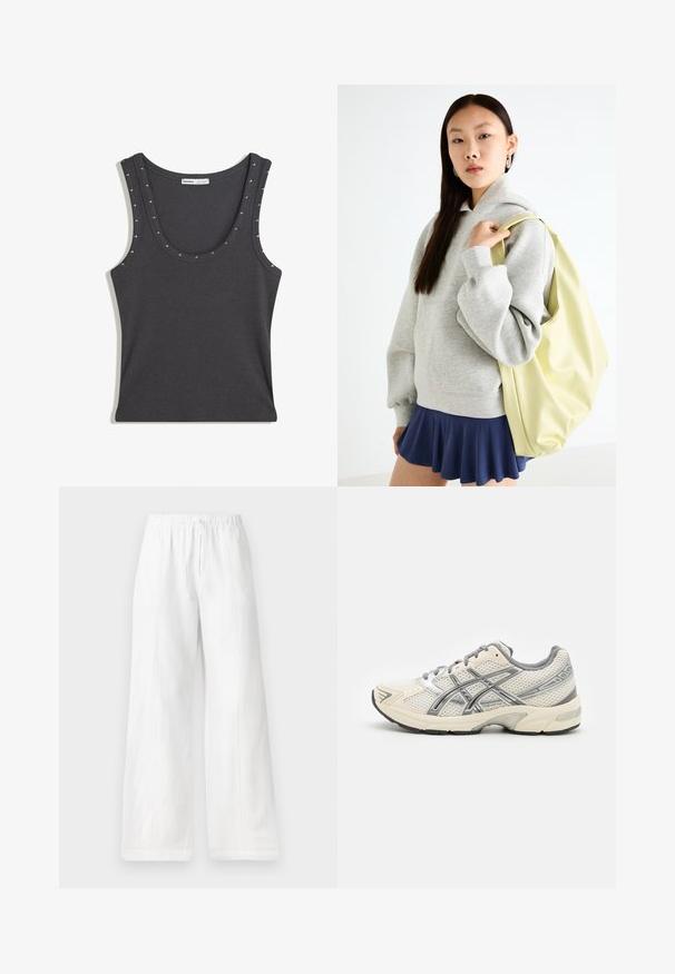 Grå ribbad linne med en rundad halsringning och silverfärgade nitar längs kanterna. Materialet har en slät textur och en tajt design.; Vita linnebyxor med vida ben, elastisk midja och dragsnodd, med sid sömmar och en jämn yta. Inga fickor.; Löparskor med ett ventilerande vitt meshöverkvalitet, silverdetaljer, grå snören och en hållbar svart gummisula. Lättviktig och vadderad design.; Grå oversized hoodie med en känguruficka, i kombination med en marinblå utsvängd kjol. Accessoar: stor ljusgul ryggsäck med slät textur.