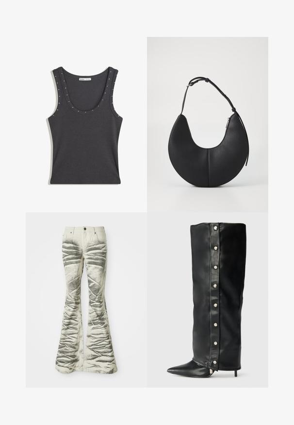 Grijze geribbelde tanktop met een ronde halslijn en zilveren studs langs de randen. Het materiaal heeft een gladde textuur en een getailleerd ontwerp.; Lichtgekleurde flare jeans met gestructureerde zwarte horizontale strepen en kreukdetails, met voorzakken en een metalen knoopsluiting.; Zwarte leren hoge hakken laarzen met een nauwsluitend ontwerp, spitse neus en zilveren drukknoopaccenten langs de zijkant.; Zwarte leren handtas in een maansikkelvorm met een gladde textuur, een enkele verstelbare schouderriem en een ritssluiting aan de zijkant.
