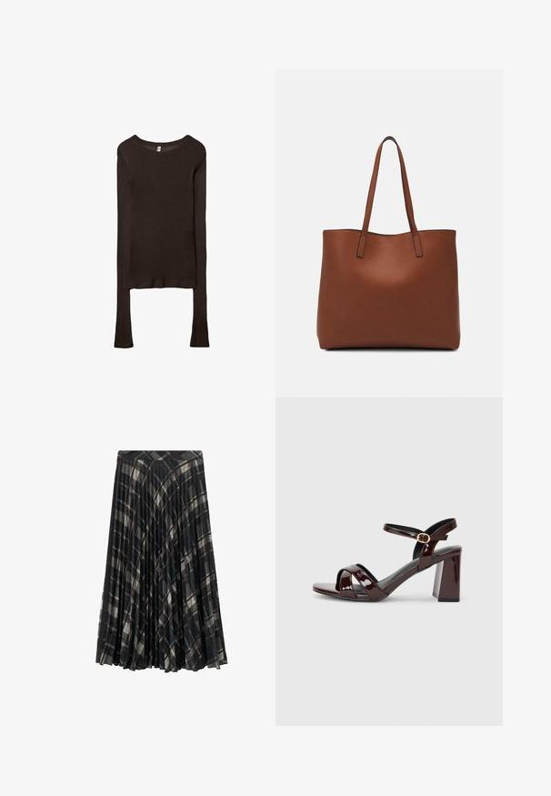 Langärmliges, tailliertes Oberteil aus dunkelbraunem Stoff. Runder Ausschnitt, glatte Textur und leicht verlängerte Ärmel ohne Bündchen.; Schwarzer plissee Midirock mit kariertem Muster in Grau- und Beigetönen, ausgestattet mit einem taillierten Bund und weicher Textur.; Patentrot hohe Sandale mit offenem Zehenbereich, ausgestattet mit Kreuzriemen und einem Knöchelriemen mit einer runden goldenen Schnalle. Blockabsatz-Design.; Braune Leder-Tote mit glatter Textur, offenem Oberteil und zwei Schulterriemen. Verfügt über minimale Nähte und keine sichtbaren Beschläge.