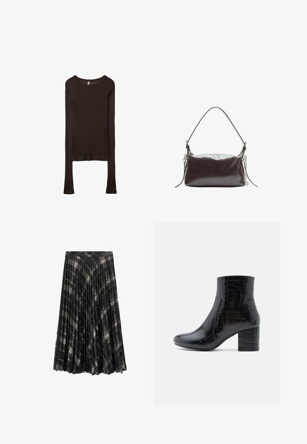 Langärmliges, tailliertes Oberteil aus dunkelbraunem Stoff. Runder Ausschnitt, glatte Textur und leicht verlängerte Ärmel ohne Bündchen.; Schwarzer plissee Midirock mit kariertem Muster in Grau- und Beigetönen, ausgestattet mit einem taillierten Bund und weicher Textur.; Schwarzer Knöchel-Stiefel aus glänzendem, krokodilgeprägtem Leder. Mit abgerundetem Zehenbereich und klobigem Blockabsatz. Glatte Textur und elegantes Design.; Braune Lacklederhandtasche mit einer strukturierten rechteckigen Form, einem einzelnen Griff und einem silbernen Kettenakzent auf einer Seite.