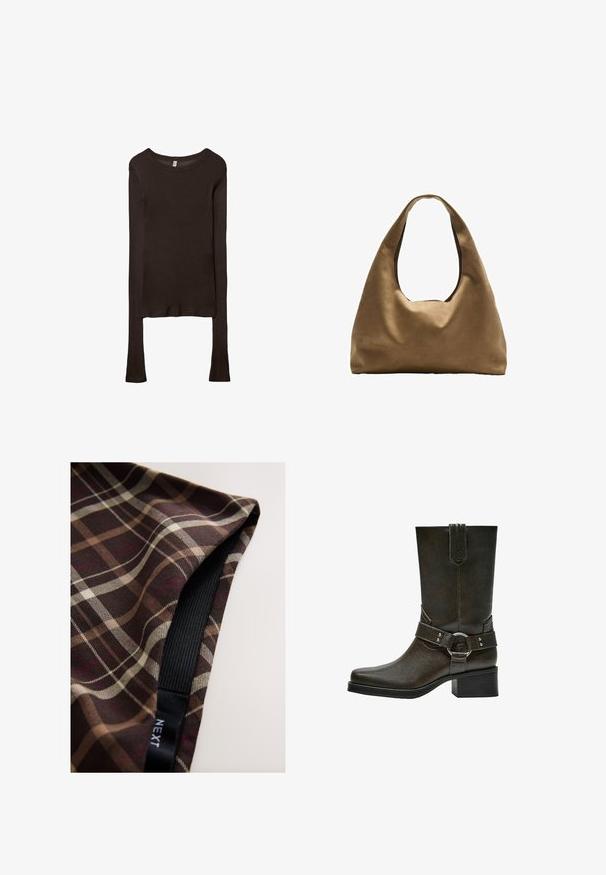 Langärmliges, tailliertes Oberteil aus dunkelbraunem Stoff. Runder Ausschnitt, glatte Textur und leicht verlängerte Ärmel ohne Bündchen.; Brauner karierten Stoff mit weißen und beigen Linien, mit glatter Textur und einem an der Kante eingenähten schwarzen Gummiband.; Braune Leder-Ankle-Boots mit quadratischer Zehenform, kurzem Blockabsatz und dekorativem Riemen mit silberner Schnalle. Glatte Textur, schlichtes Design.; Braune Stoffschultertasche mit einem breiten, runden Körper und einem großen Ausschnittgriff. Sanfte Textur, minimalistisches Design und keine sichtbaren Beschläge.