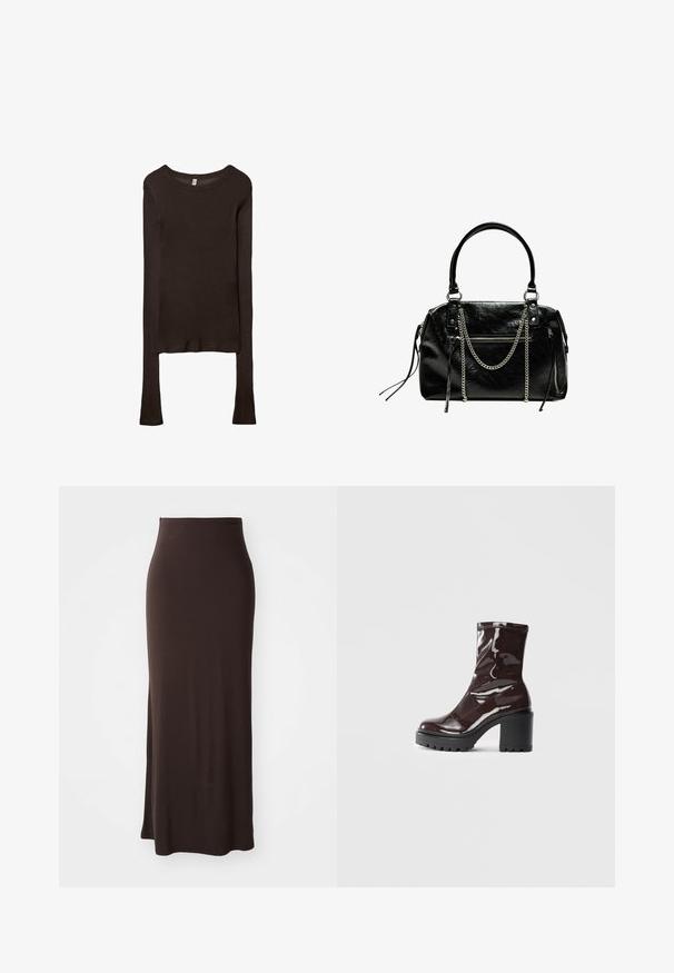 Haut ajusté à manches longues en tissu marron foncé. Encolure ronde, texture lisse et manches légèrement allongées sans poignets.; Jupe longue et ajustée de couleur marron, fabriquée dans un tissu lisse et extensible, dotée d'une taille haute et d'une fente sur le côté, offrant une silhouette élégante.; Bottines bordeaux brillantes à talon épais noir, avec une texture lisse et un design simple. Aucune fermeture visible ni motifs.; Bershka WITH CHAIN - Sac à main - black