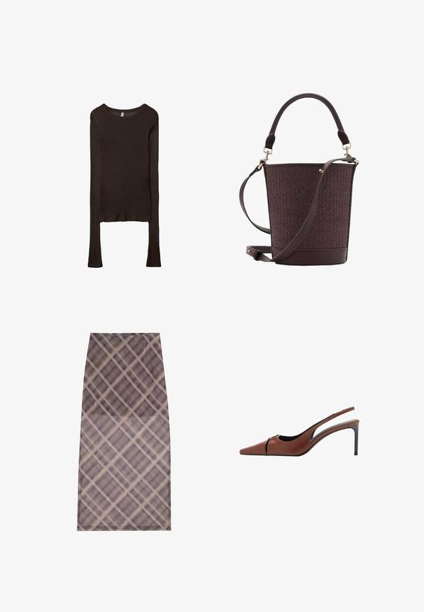 Dlhý rukáv, priliehavý top vyrobený z tmavohnedého materiálu. Okrúhly výstrih, hladká textura a mierne predĺžené rukávy bez manžiet.; Sukňa po kolená so sieťovinou, ľahkým materiálom a károvaným vzorom v odtieňoch hnedej a smotany, hladkým povrchom a čistými okrajmi.; Hnedé kožené sandále na podpätku so špicatou špičkou, výrezom na priehlavku a elegantným stiletto podpätkom. Hladká textura.; Hnedá tkaná vedro taška s hladkým koženým dnom, vrchnou rukoväťou a nastaviteľným ramenným popruhom. Obsahuje akcenty z pozláteného kovu.