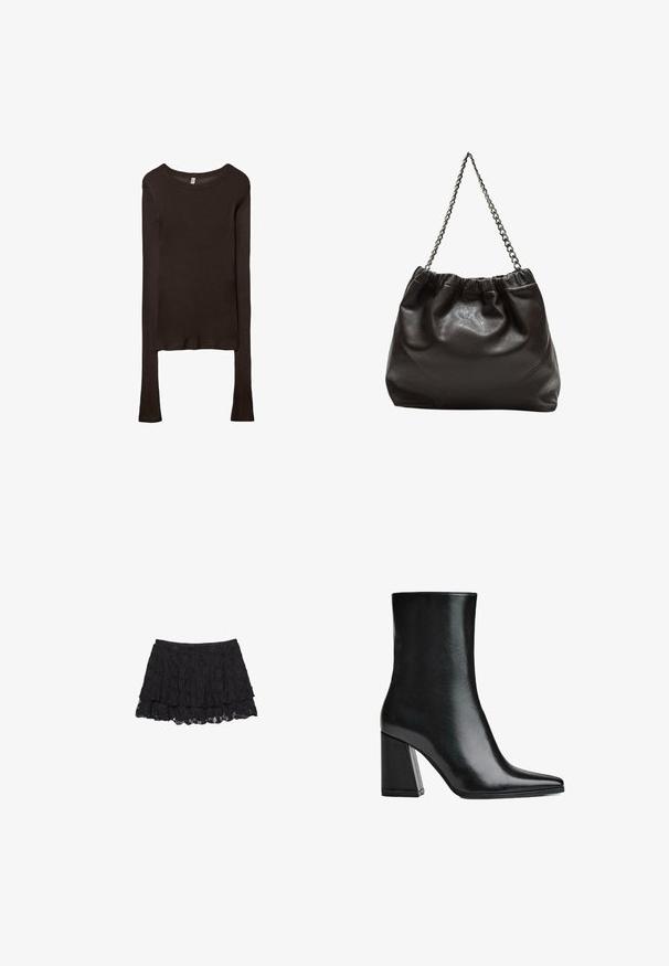 Langärmliges, tailliertes Oberteil aus dunkelbraunem Stoff. Runder Ausschnitt, glatte Textur und leicht verlängerte Ärmel ohne Bündchen.; Schwarzer Spitzenrock mit geschichtetem Design, das über eine strukturierte Oberfläche und einen gewellten Saum verfügt. Elastischer Bund für einen bequemen Sitz.; Schwarze Leder-Ankle Boots mit spitzer Zehenpartie und hohem Blockabsatz. Glatte Textur mit einem eleganten Silhouette und einem soliden Basiskonzept.; Braune Lederhandtasche mit gerafftem Oberteil und Kettenriemen. Glatte Textur mit glänzendem Finish und subtilen Nahtdetails an den Seiten.